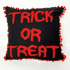 Haunted Living Trick Or Trick Black Orange Pom Pom Decorative Pillow 16 x 16